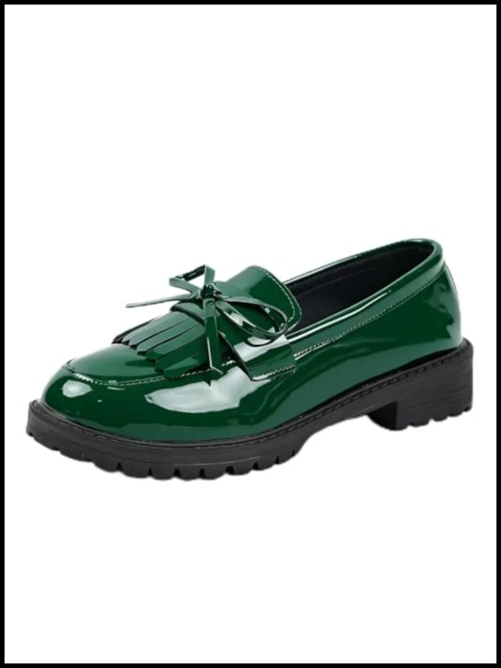 Patent Leather Tassel Loafers, Round Toe with Bow, Low Chunky Heel, Slip-On